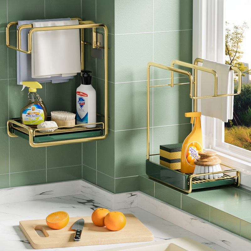 Wall-Mounted Sponge Holder with Drain Tray & Brush Rack