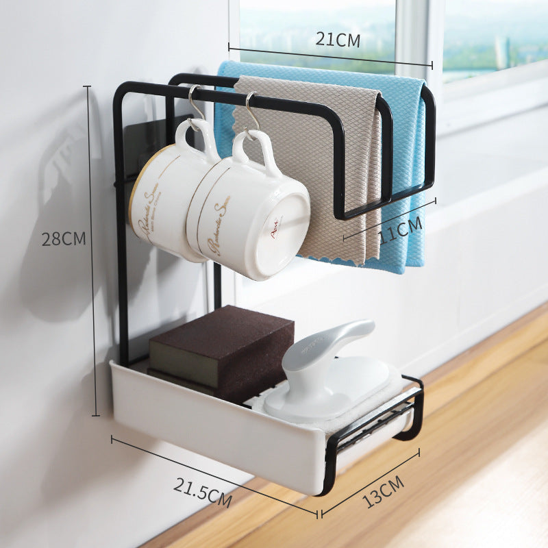 Wall-Mounted Sponge Holder with Drain Tray & Brush Rack